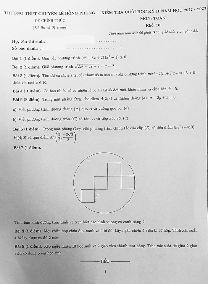 Đề thi lớp 10 môn Toán học kì 2 trường chuyên Lê Hồng Phong TP.HCM