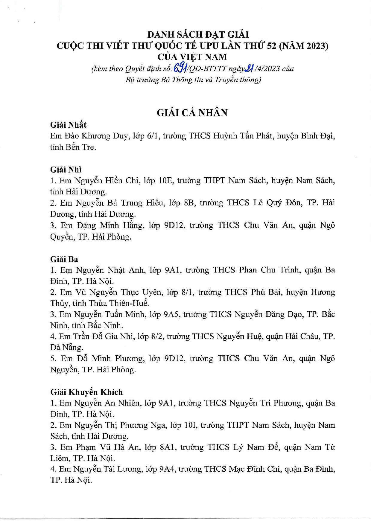 Giải Nhất cuộc thi Viết thư Quốc tế UPU lần thứ 52 đã có chủ nhân