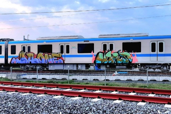 Đoàn tàu metro số 1 đặt trong  Depot Long Bình lại bị vẽ bậy