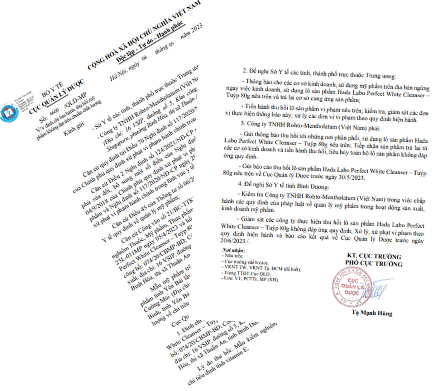 Thu hồi toàn quốc lô mỹ phẩm Hada Labo Perfect White Cleanser – Tuýp 80g không đạt chất lượng - Ảnh 2.
