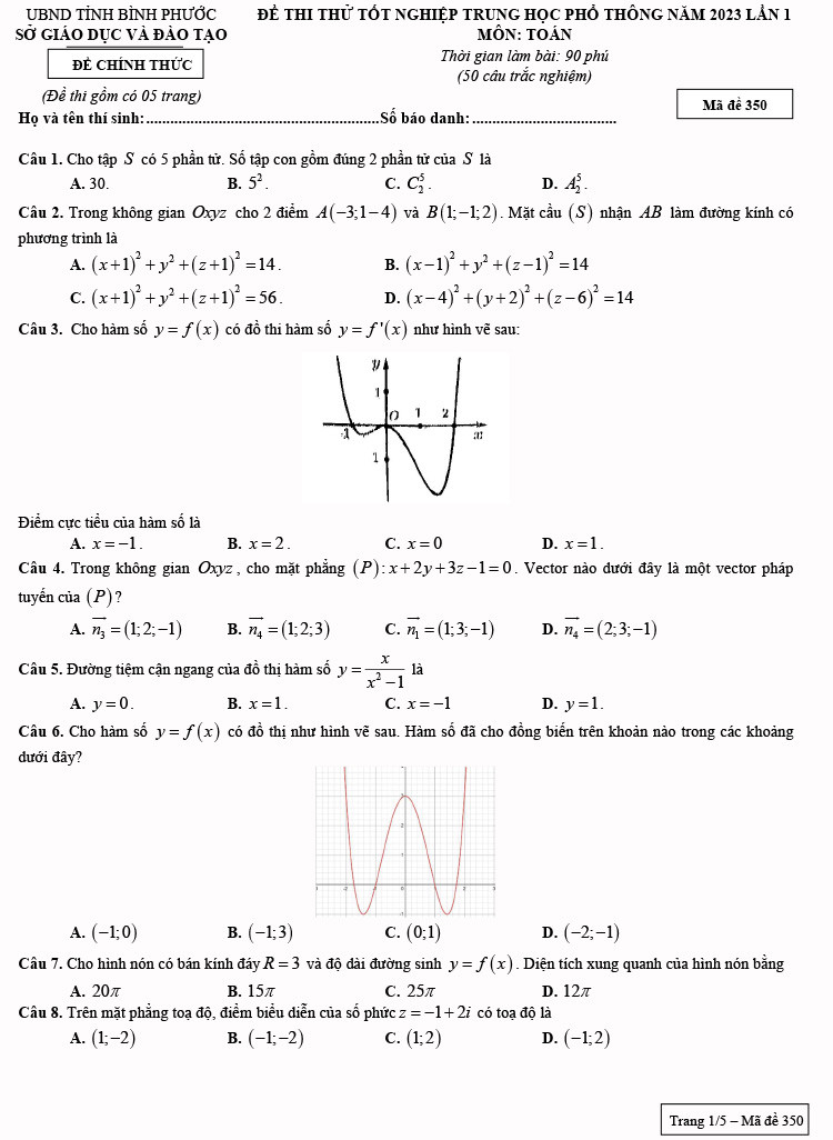 Đề thi thử tốt nghiệp THPT 2023 môn Toán của Bình Phước