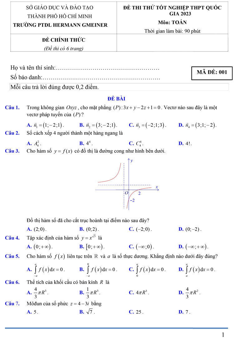 Đề thi thử tốt nghiệp THPT 2023 môn Toán của trường Hermann Gmeiner TP.HCM