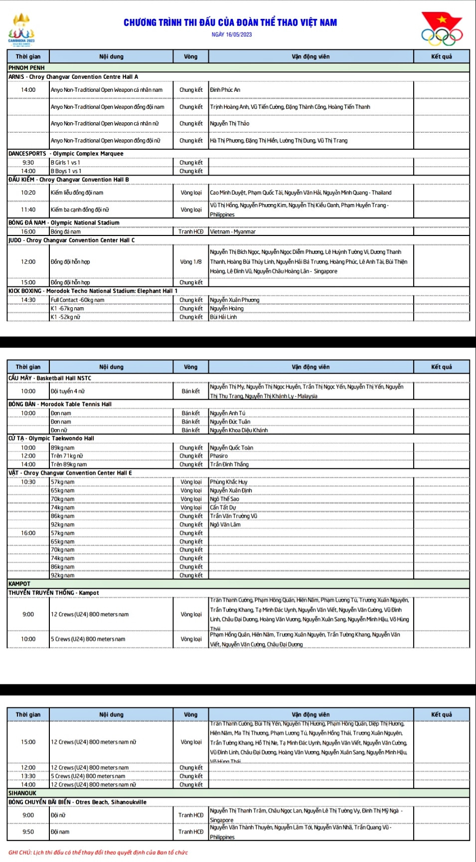 Lịch thi đấu SEA Games 32 hôm nay 16/5