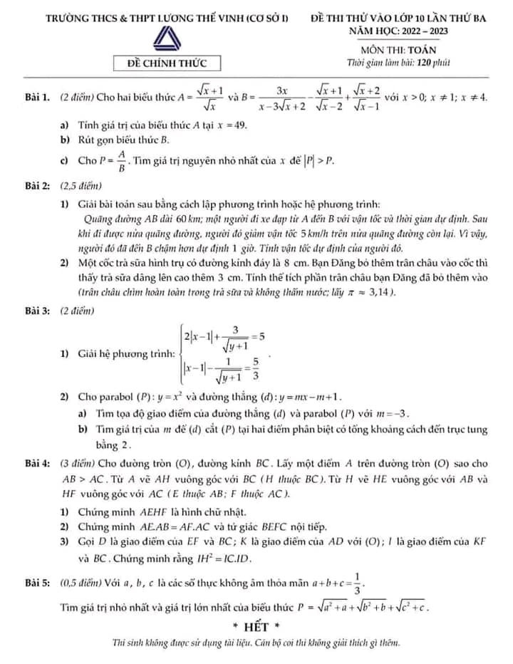 Đề thi thử vào lớp 10 môn Toán trường Lương Thế Vinh 2023