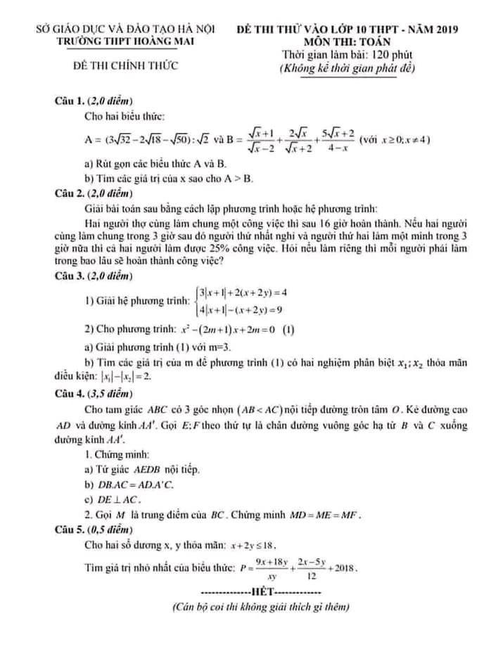 Đề thi thử vào lớp 10 môn Toán quận Hoàng Mai, Hà Nội  2023