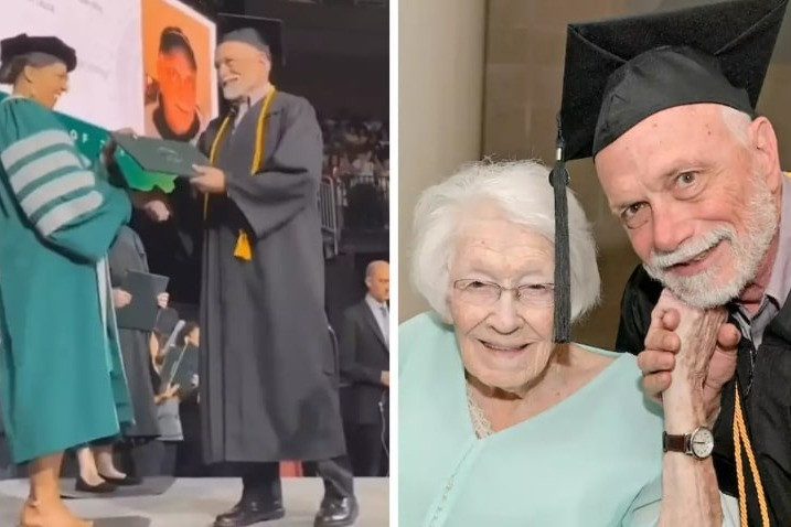 Mẹ 99 tuổi đi cổ vũ con trai 72 tuổi nhận bằng cử nhân: Hạnh phúc nhân đôi