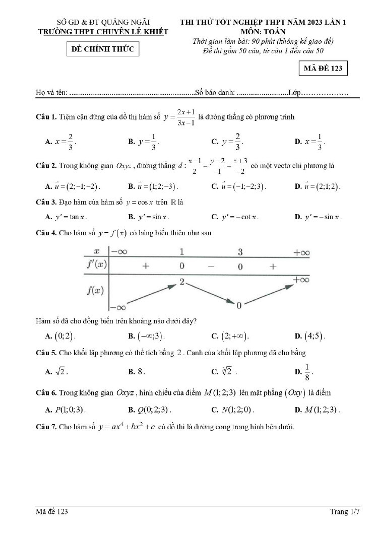 Đề thi thử tốt nghiệp THPT 2023 môn Toán lần 1 của  trường chuyên Lê Khiết