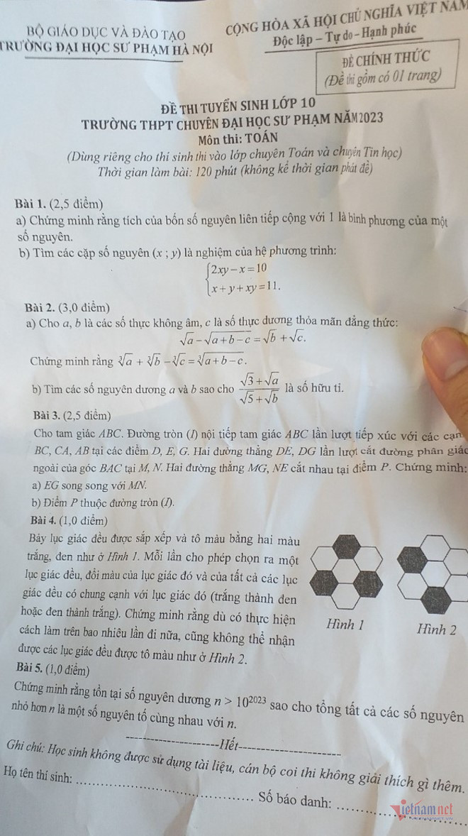 Đề thi chuyên Toán vào lớp 10 trường THPT Chuyên ĐH Sư phạm Hà Nội 2023