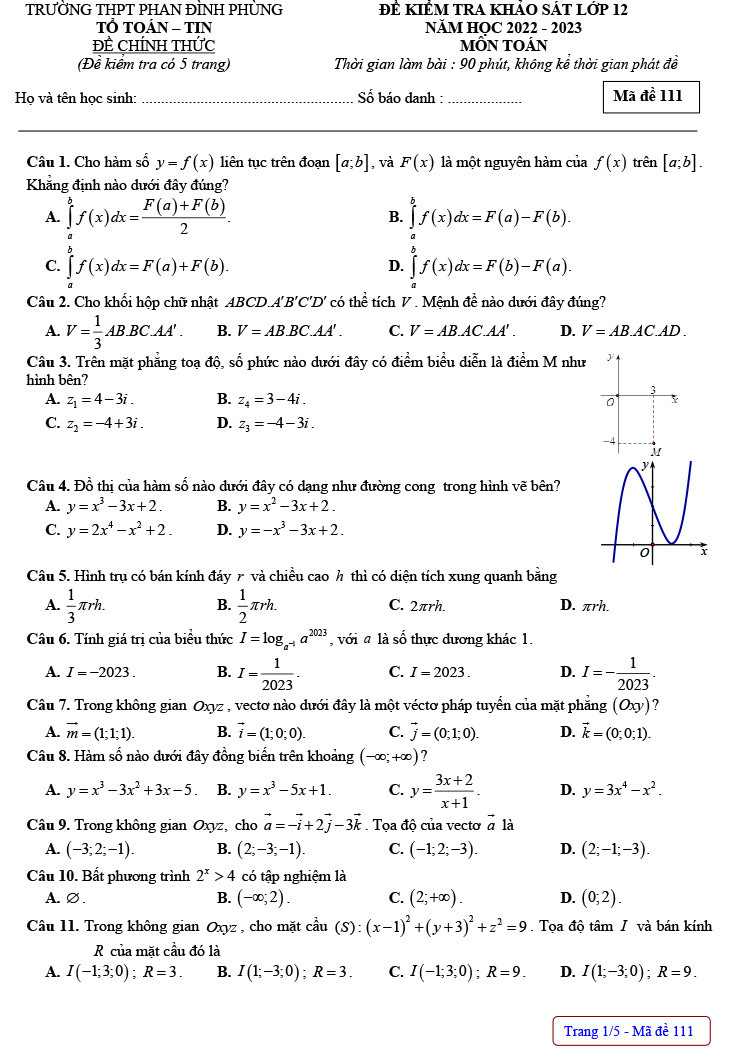 Đề thi thử tốt nghiệp THPT 2023 môn Toán trường THPT Phan Đình Phùng