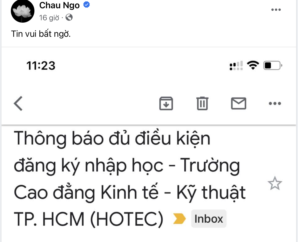 GS Ngô Bảo Châu nhận tin trúng tuyển trường CĐ Kinh tế kỹ thuật TP.HCM