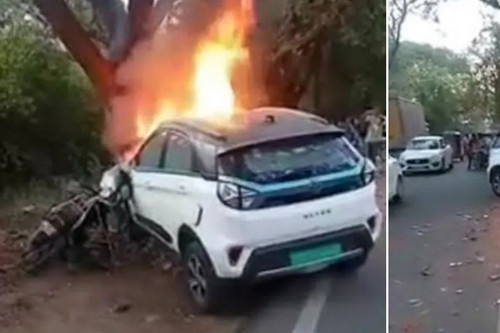 Xe SUV điện bốc cháy ngùn ngụt sau khi đâm vào gốc cây