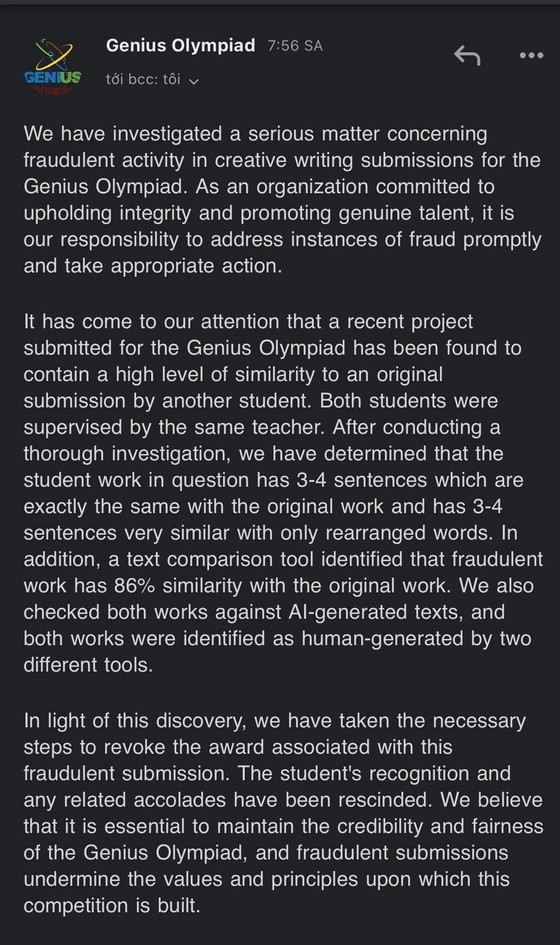 Genius Olympiad organizer decides to revoke award and fraudulent submission ảnh 1