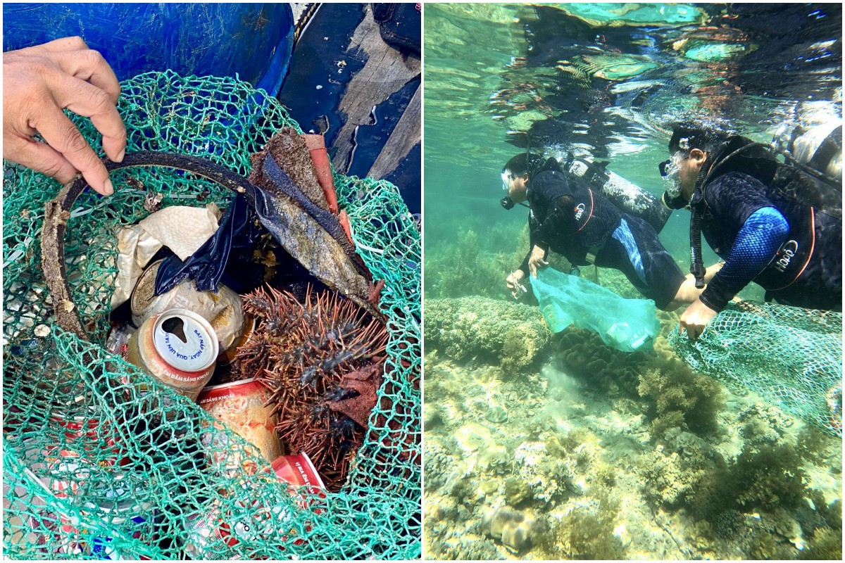 Young people dive to pick up trash in seabeds