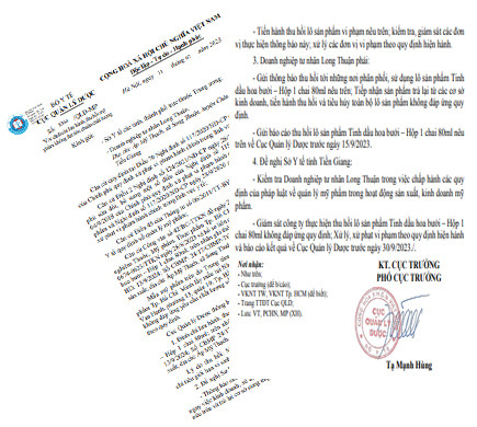 Đình chỉ lưu hành, thu hồi toàn quốc tinh dầu hoa bưởi xịt dưỡng ngăn rụng tóc kém chất lượng - Ảnh 2.