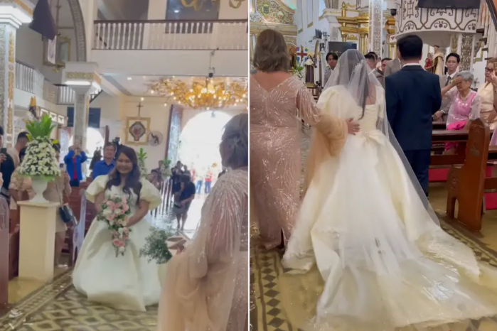 Đám cưới ngày mưa bão, cô dâu chú rể lội nước vào lễ đường