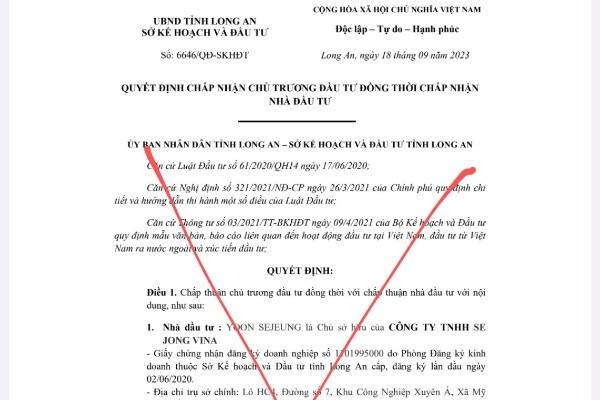 Điều tra văn bản giả mạo quyết định chấp thuận chủ trương đầu tư dự án ở Long An