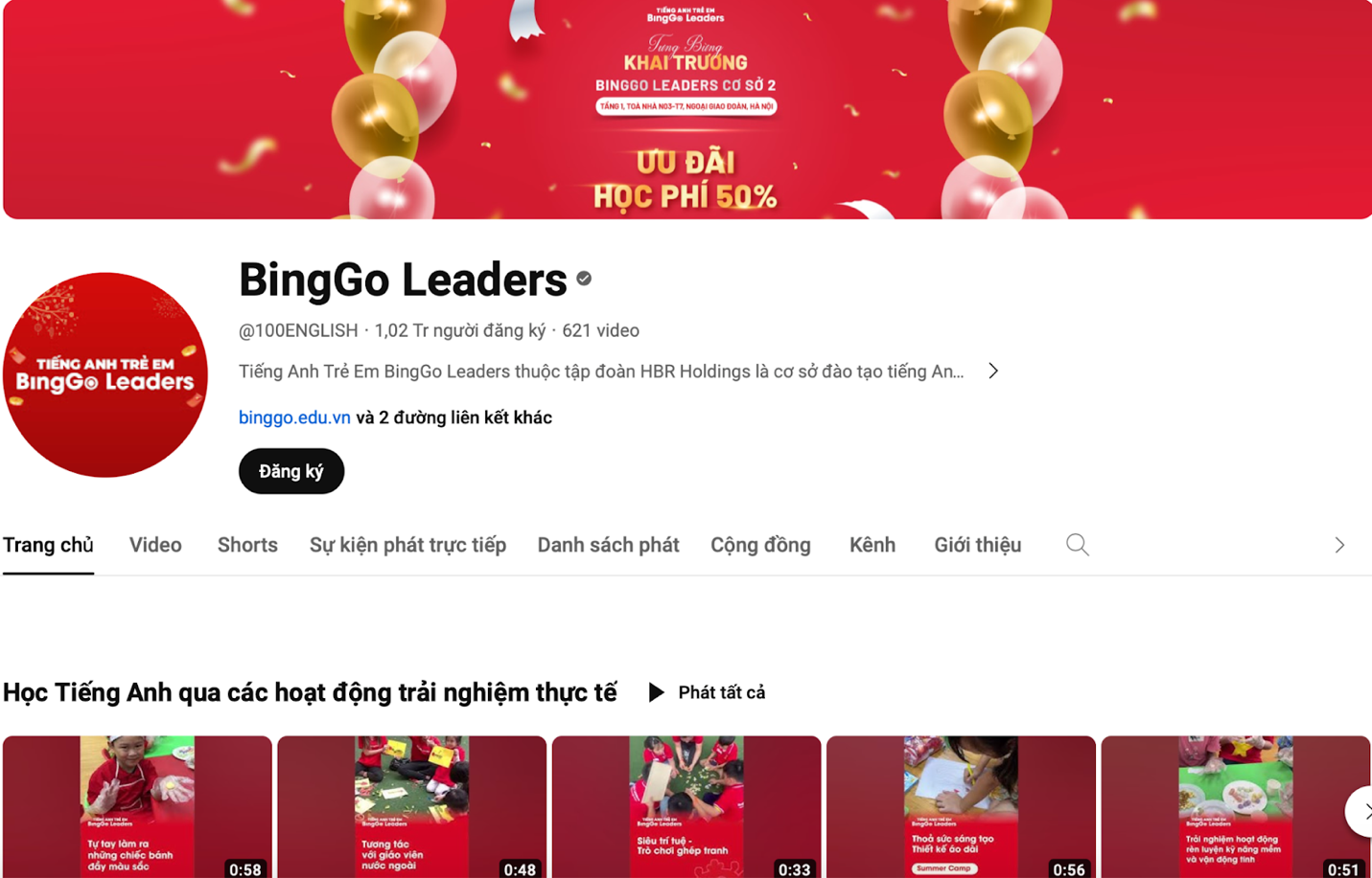 Tiếng Anh trẻ em BingGo Leaders đạt nút vàng Youtube