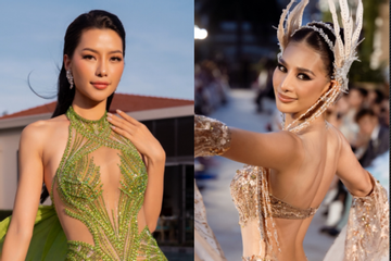 Hoàng Nhung diện đầm xuyên thấu, 75 hoa hậu quốc tế diễn thời trang