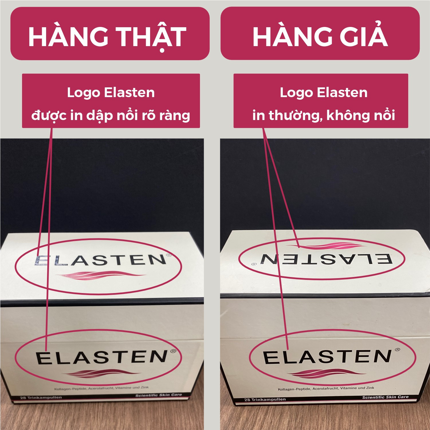 Logo Elasten trên nắp và mặt trước hộp sản phẩm chính hãng được in nổi, còn sản phẩm giả in thường không nổi