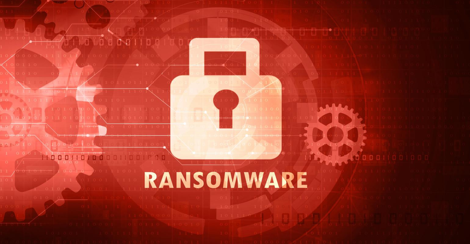 Biểu tượng ổ khóa với từ ransomware trên nền công nghệ màu đỏ.jpg