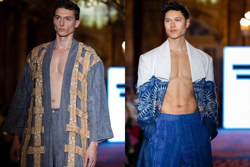 Mẫu Tây khoe ngực trần vạm vỡ diễn thổ cẩm Việt ở kinh đô thời trang thế giới