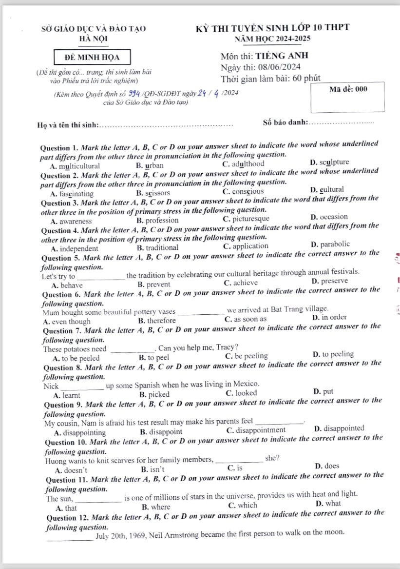 Kỳ thi vào lớp 10 THPT công lập tại Hà Nội: Công bố đề thi minh họa và cấu trúc bài thi