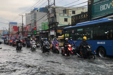 Đường TP.HCM ngập sau mưa lớn 30 phút, người dân rùng mình lội nước thối