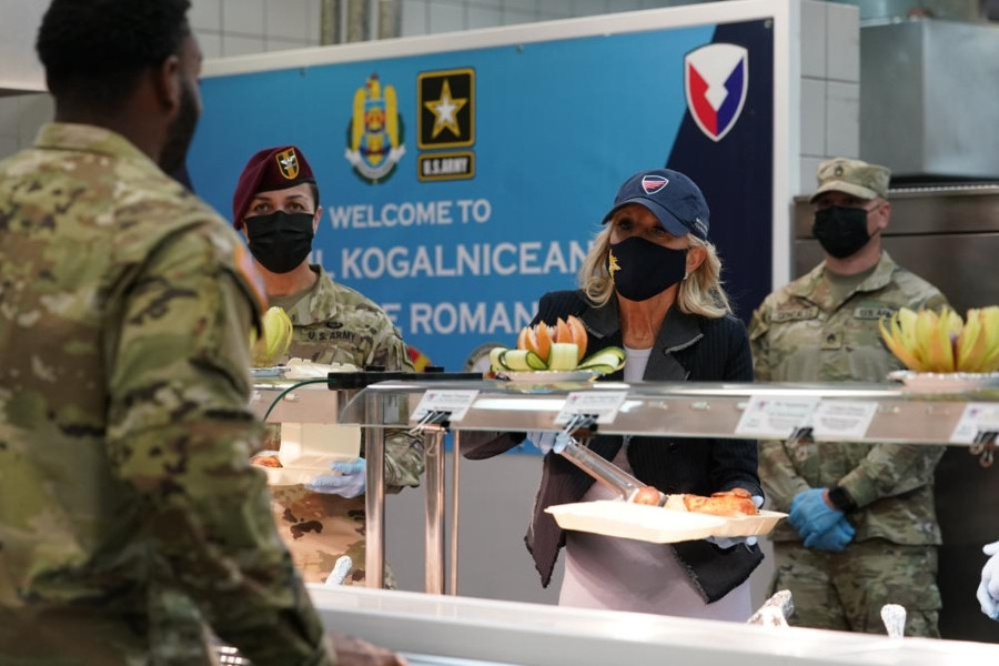 The First Lady of the United States served dinner to soldiers stationed in Romania