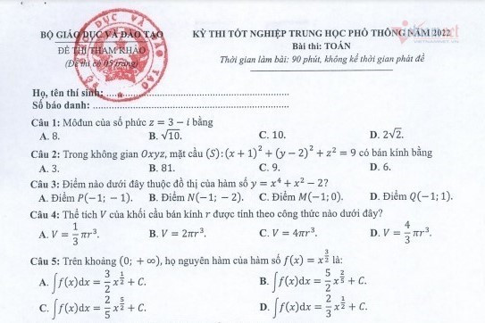 Đề tham khảo môn Toán thi tốt nghiệp THPT năm 2022