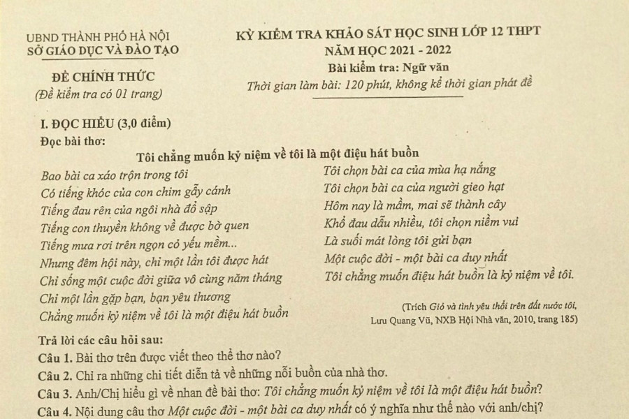 Đề thi thử tốt nghiệp THPT môn Văn năm 2022 của Hà Nội