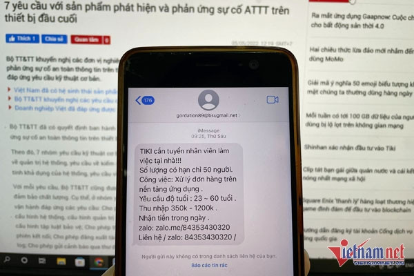 Giả mạo trang thương mại điện tử Tiki nhắn tin tuyển dụng để lừa người dân