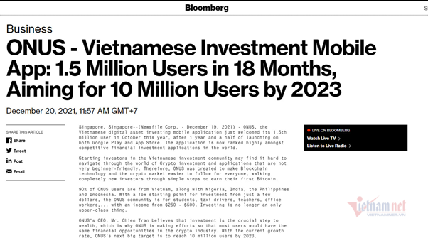 Một startup đến từ Việt Nam bất ngờ xuất hiện trên trang Bloomberg