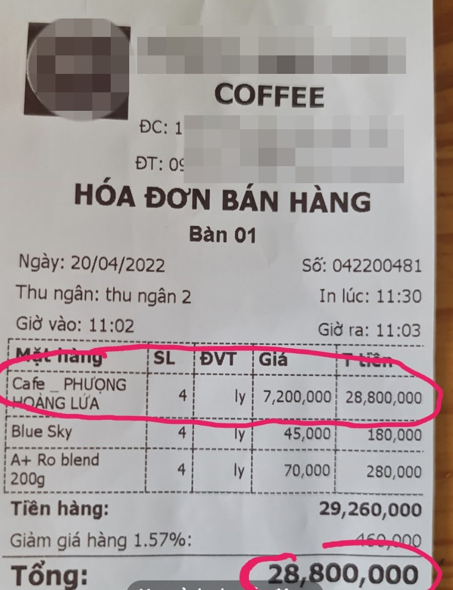 Phát sốt với hóa đơn 4 ly cà phê gần 29 triệu đồng - 1