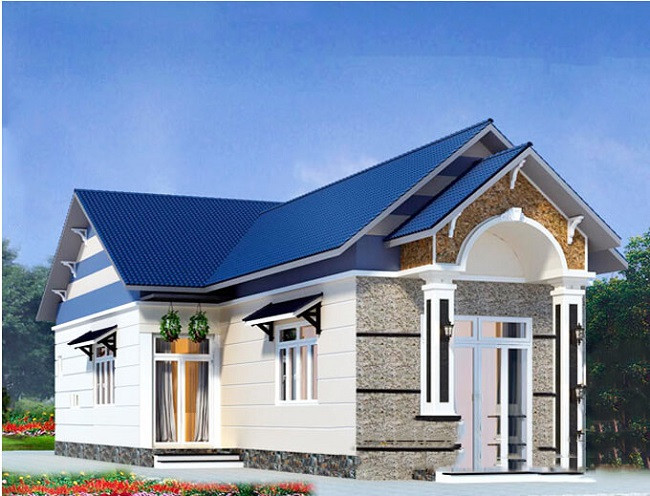 Mái tôn màu xanh lam bắt mắt khiến căn nhà có diện mạo nổi bật, ấn tượng hơn. Với thiết kế chữ L, căn nhà có hai lối để ra vào