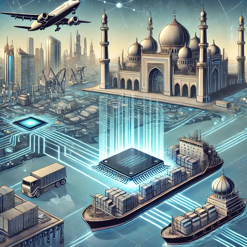 DALL·E 2024 10 01 11.17.41   A detailed illustration of exporting AI chips to the Middle East. The scene should depict a futuristic cargo shipment with AI chips, represented by sl.jpeg