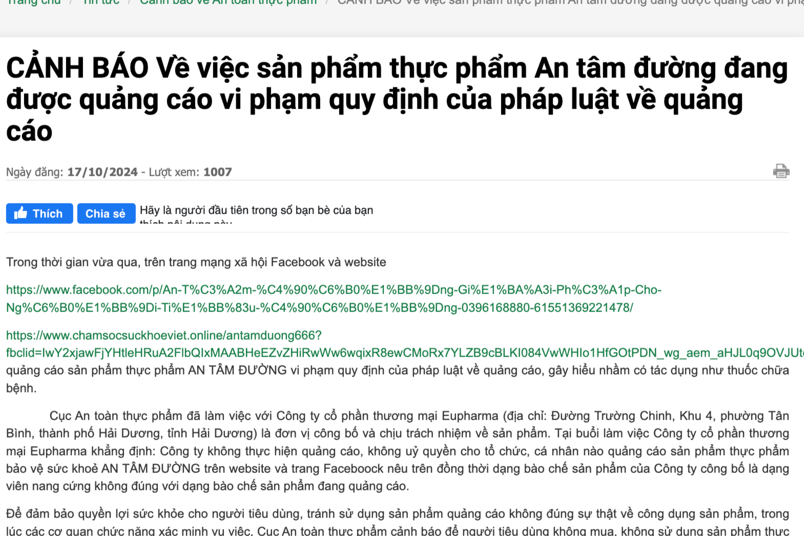 Cảnh báo một số địa chỉ quảng cáo An tâm đường gây hiểu nhầm như thuốc chữa bệnh