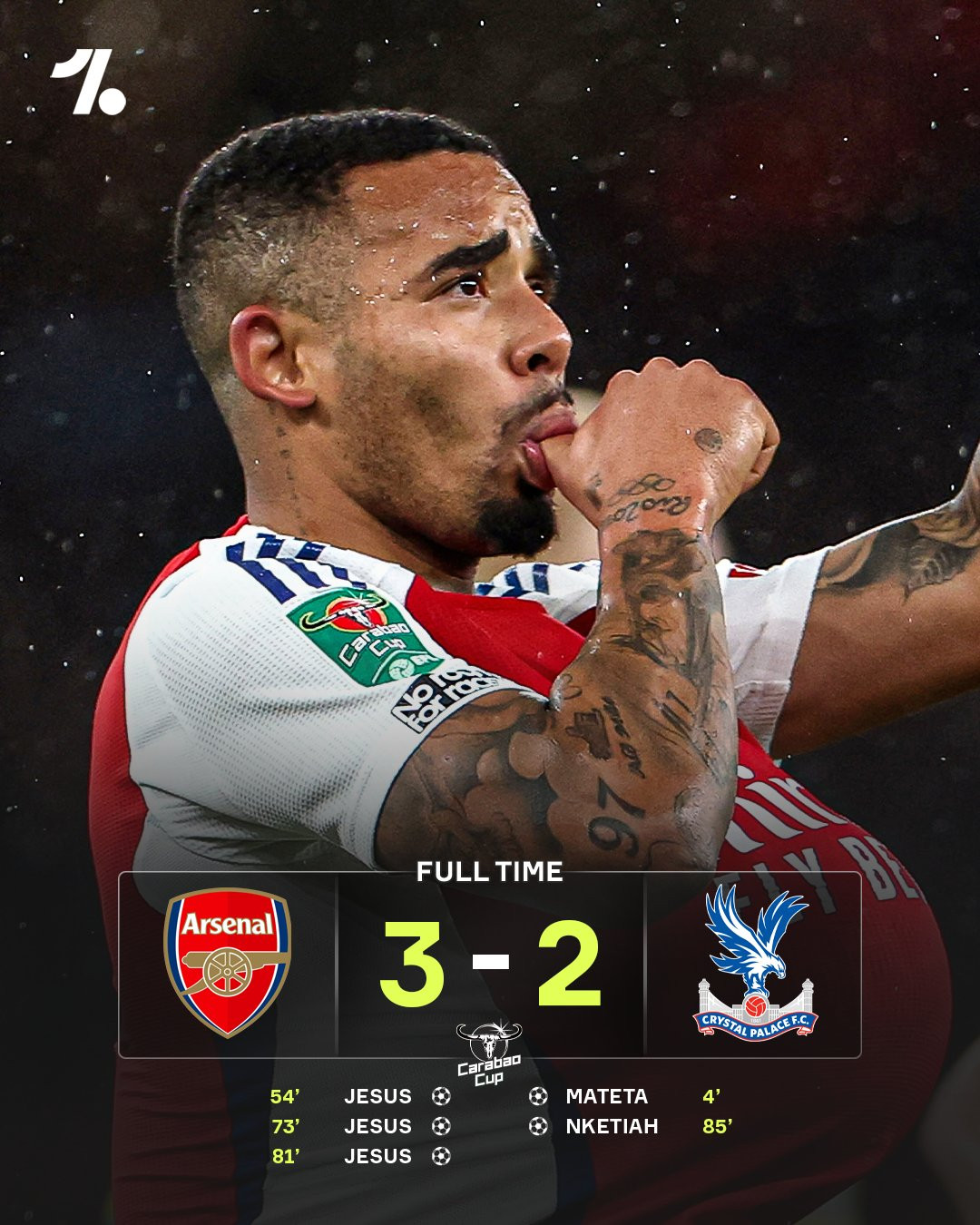 Gabriel Jesus lập hat-trick, Arsenal ngược dòng ngoạn mục Arsenal