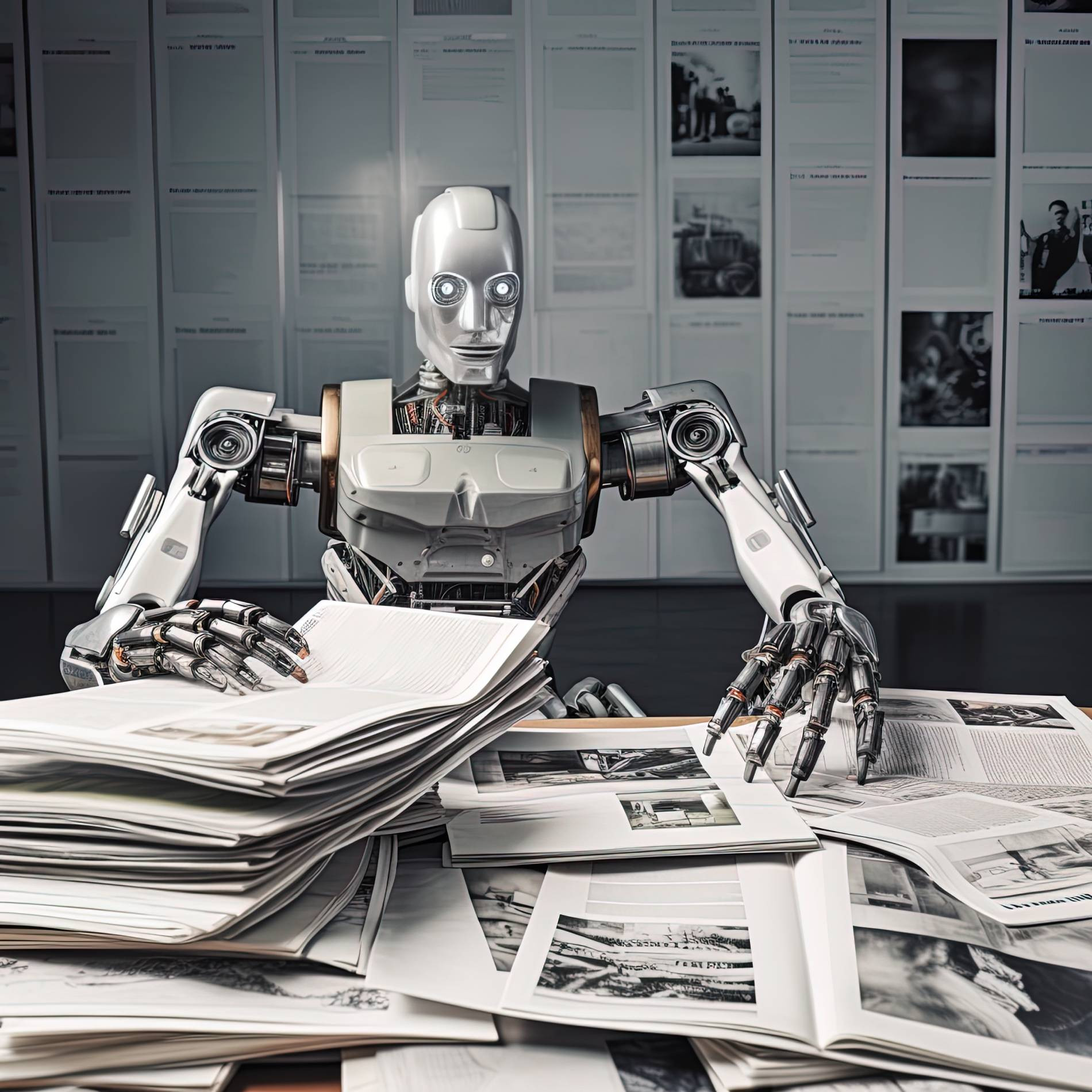 robot sits table with many papers one them reads robot.jpeg