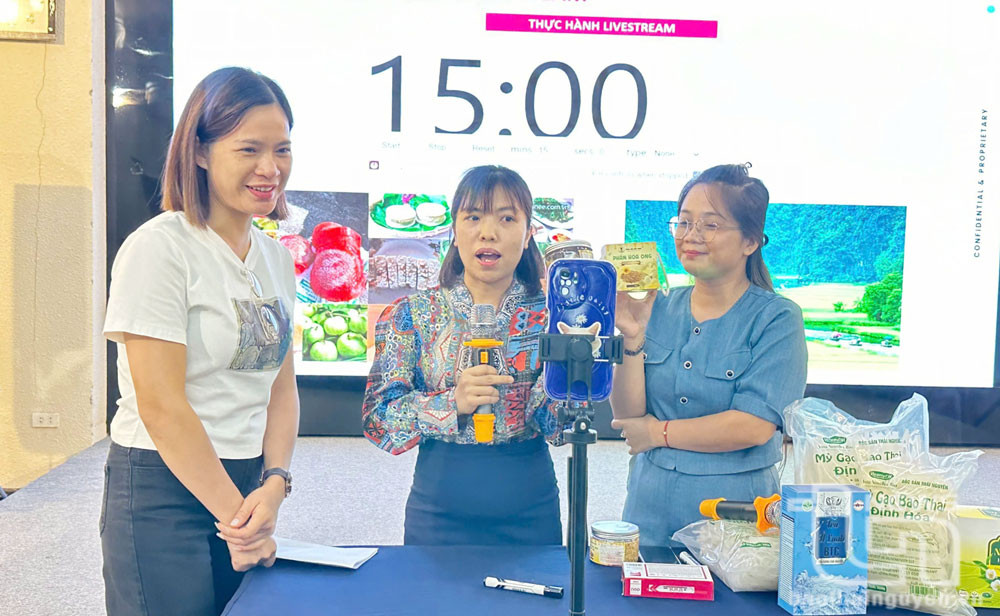 Đại diện các doanh nghiệp, HTX được hướng dẫn kỹ năng kinh doanh trên nền tảng số, phát triển thương hiệu, xây dựng hình ảnh (livestream) bán hàng trực tuyến.