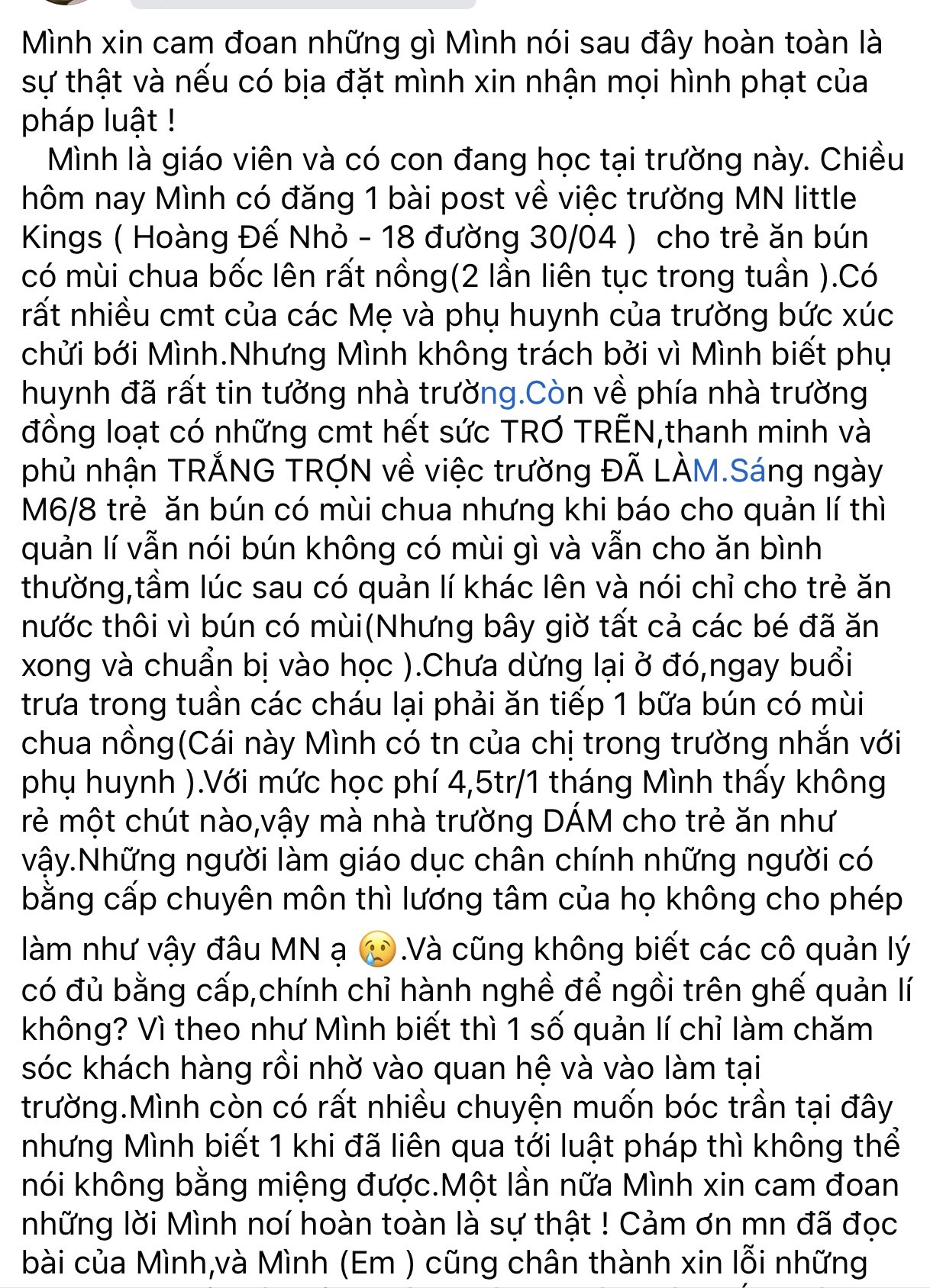 Cô giáo tố cáo nhóm trẻ em Đà Nẵng cho trẻ ăn bún chua và trứng cháy