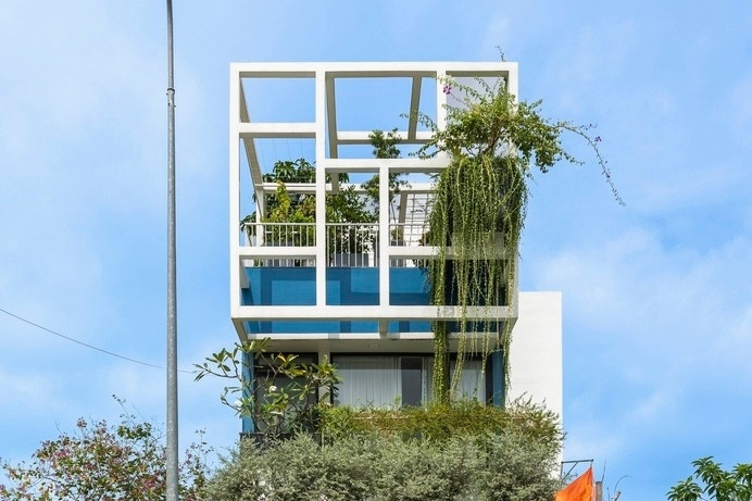 Nhà phố nhiều màu xanh có cả cây to trên tầng