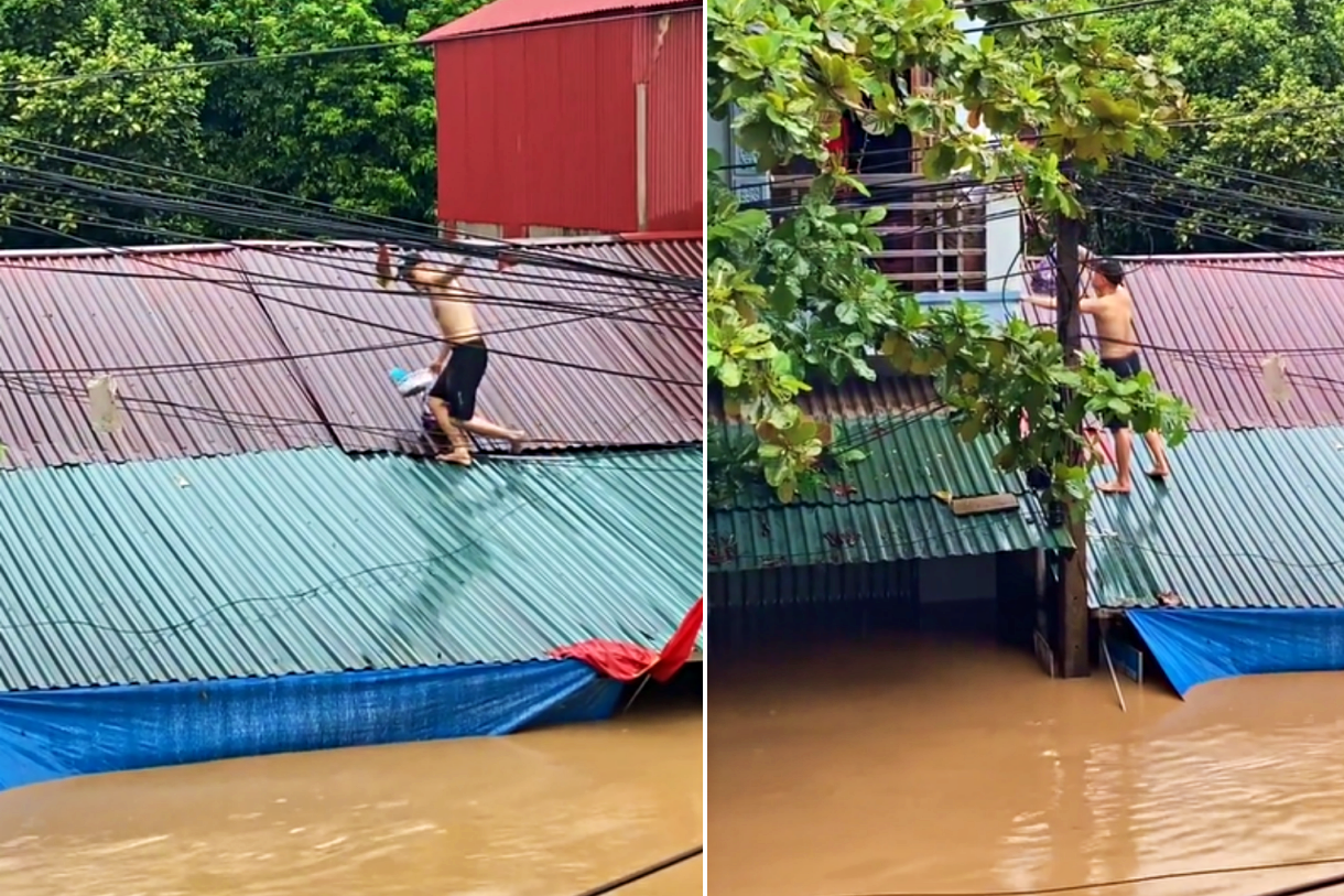 Thanh niên Yên Bái tháo vách, trèo mái nhà đưa thực phẩm cho hàng xóm chống lũ