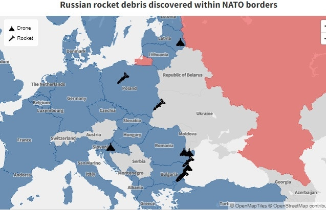 Bản đồ hé lộ hàng chục lần tên lửa và UAV Nga bay vào lãnh thổ NATO