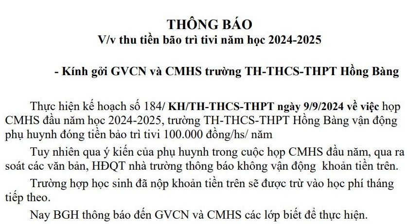 Trường Hồng Bàng ngừng thu tiền 'bảo trì ti vi' gây tranh cãi