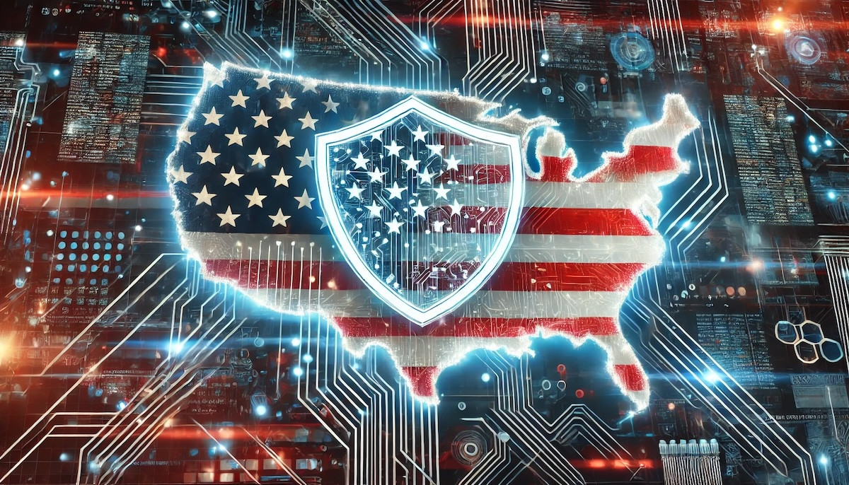 DALLE 2024 10 22 082908 An image representing American cybersecurity featuring the outline of the United States with a glowing digital shield surrounding it The shield is c.jpeg