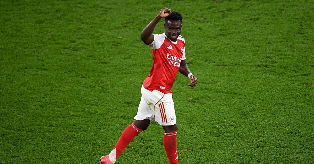 Bukayo Saka celebrates scoring for Arsenal