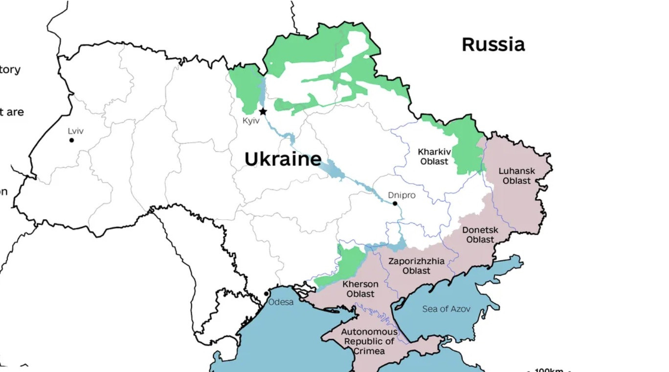 Vùng màu hồng hiện thuộc sự kiểm soát ủa Nga. Ảnh: Kyiv Independent