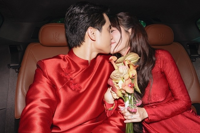 Á hậu Quỳnh Châu hôn chồng chủ tịch đắm say trong lễ vu quy