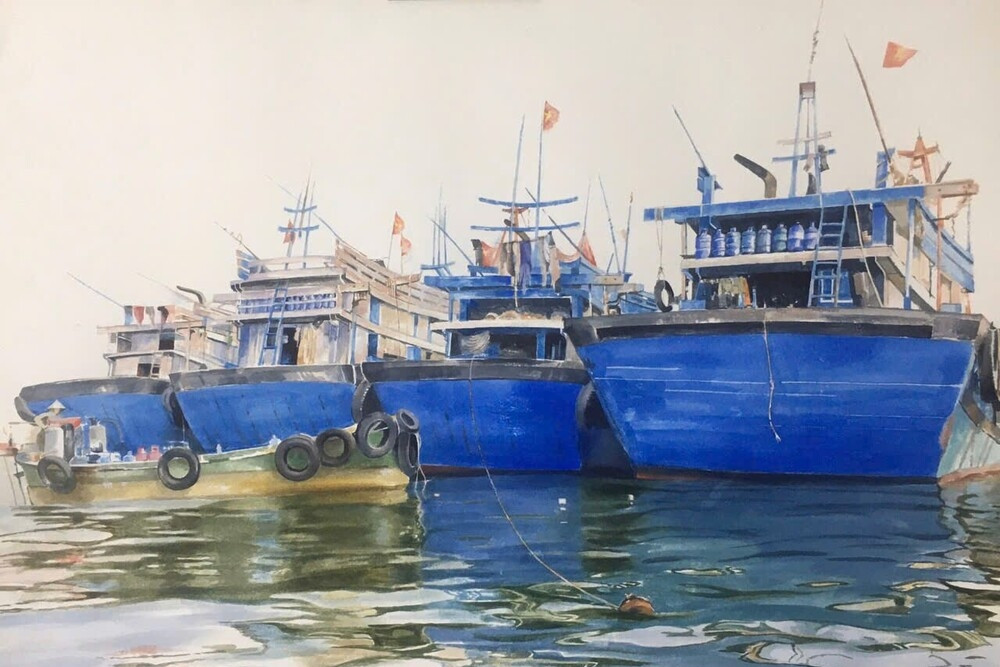 Cảnh biển thanh bình trong tranh của họa sĩ đất Cảng
