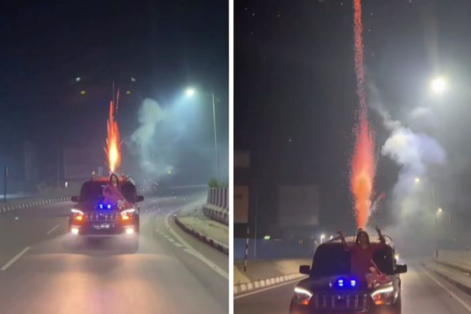 Người phụ nữ ngồi trên nắp capo ô tô bắn pháo hoa để quay clip